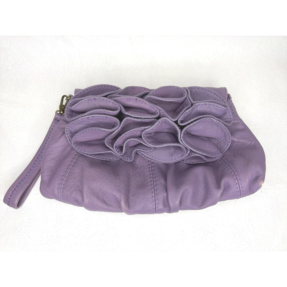 Vince Camuto Purple Leather Ruffle Floral Wristlet Clutch Bag Antique Brass